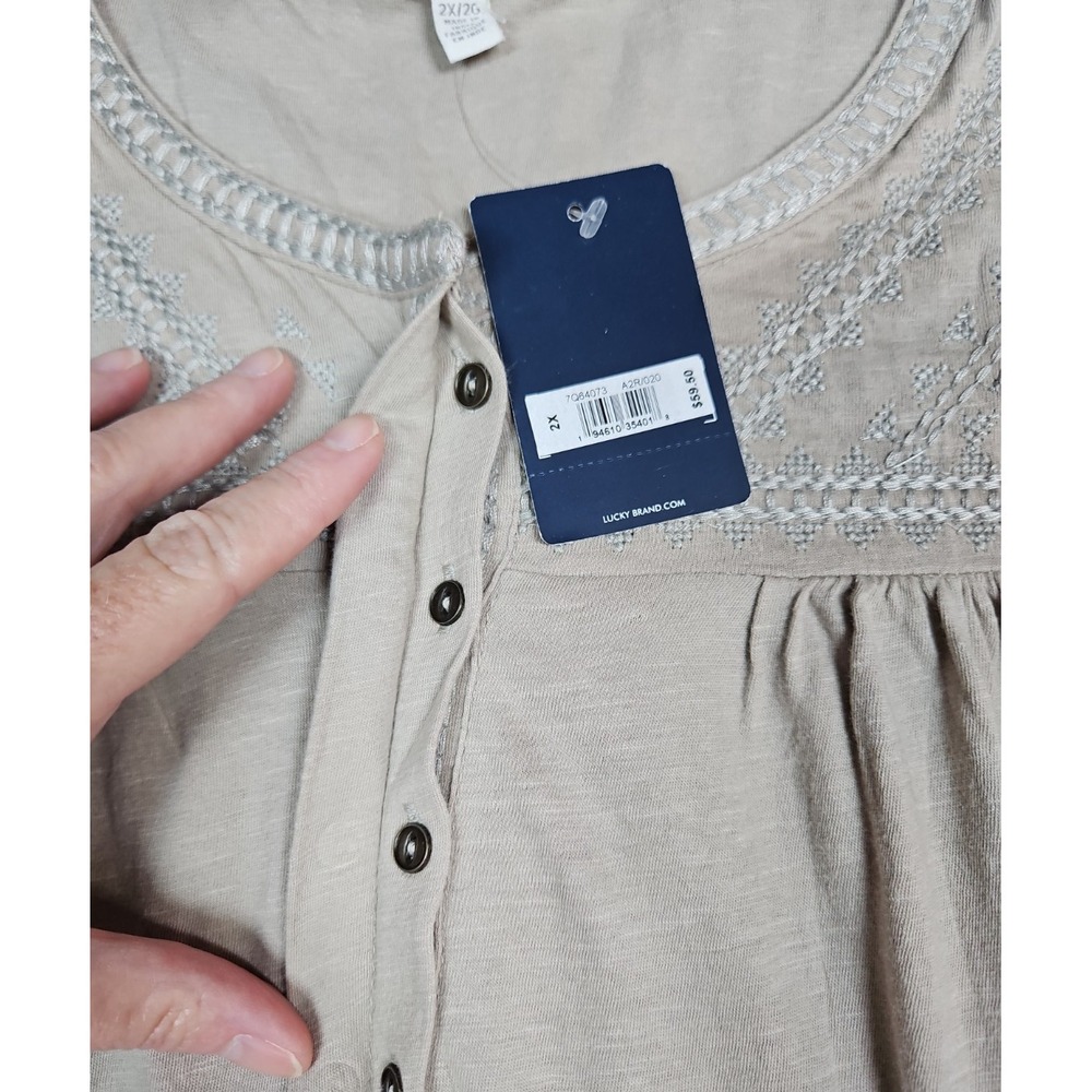 Lucky Brand Womens Tan Embroidered Boho Blouse 3/4 Sleeve Size 2X NWT‎ - Picture 7 of 11